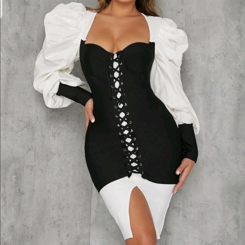 Black and white Puffer sleeve dress